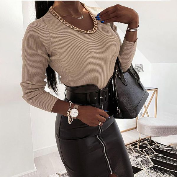 

chain decoration o-neck stripe women's sweater solid black long sleeve slim ladies streetwear spring autumn fashion new, White;black