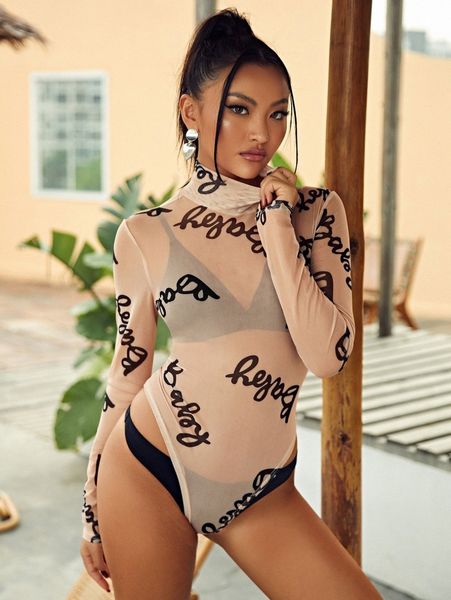 

letter graphic mesh cover up bodysuit m6yy#, White;black