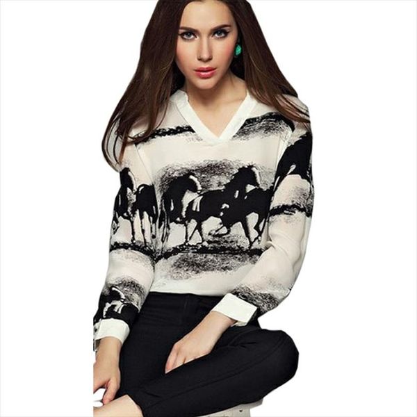 

женщины chiffon blouse blusas feminino новые женщины длинные рукава повседневная лошадь белая рубашка шифон топы хребет femme, White