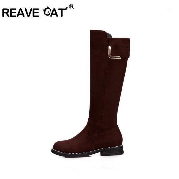 

boots reavecat winter warm knee-high round toe 2cm chunky heels elegant flock zipper metal big size 33-39 black brown work a32001