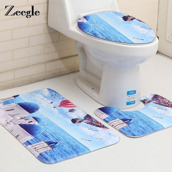

bath mats zeegle mediterranean style 3pcs non-slip toilet rugs set coral fleece bathroom floor washable cover