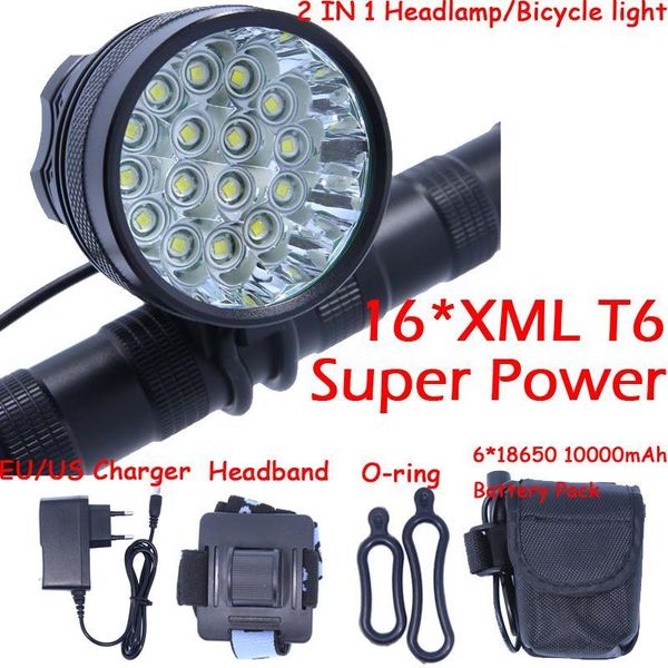 

16t6 new 16 led 2 in 1 20000lm 16 x xm-l t6 led bicycle light cycling bike headlight headlamp head lamp + battery pack +charger1