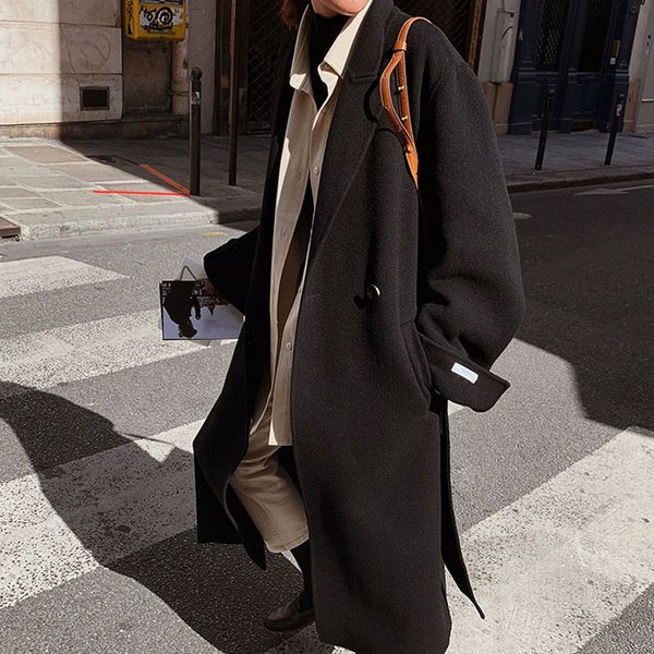 

mwinter 2020 high-end double-sided cashmere women's long over the knee small loose temperament woolen coat, Black