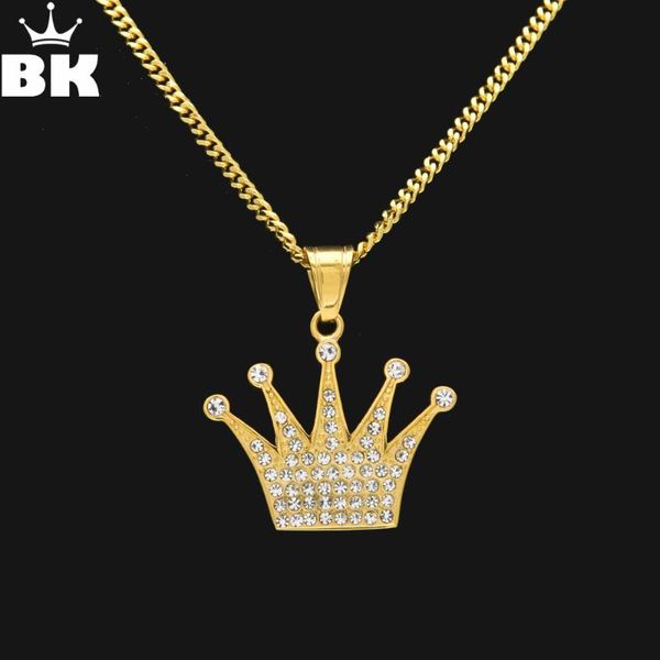 

pendant necklaces hip hop king crown necklace stainless steel gold color iced out rhinestone charm with 3mm 60cm cuban chain, Silver