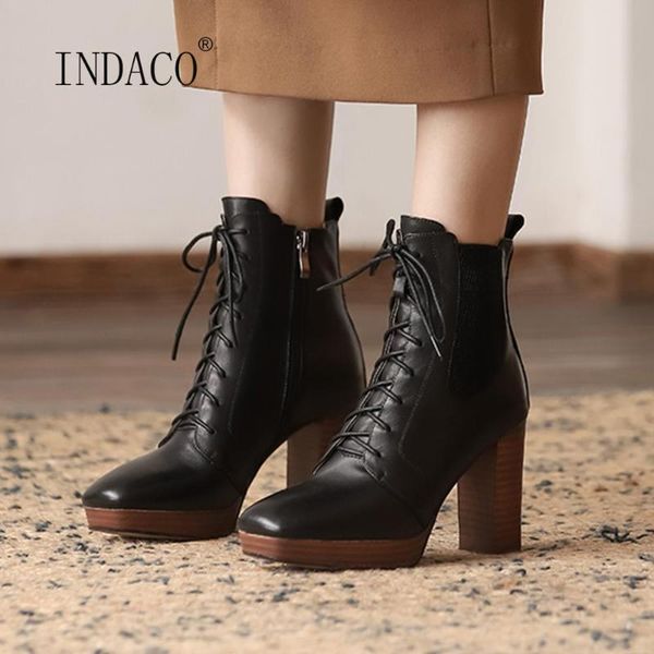 

women winter boots platform high heels leather square toe thick heel boots cross striped ankle for women side zipper, Black