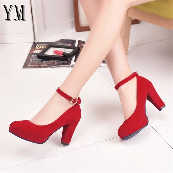 

red ankle strap 9cm high heels autumn flock round toe high heels female platform summer shoes women pumps sandals muje y200323, Black