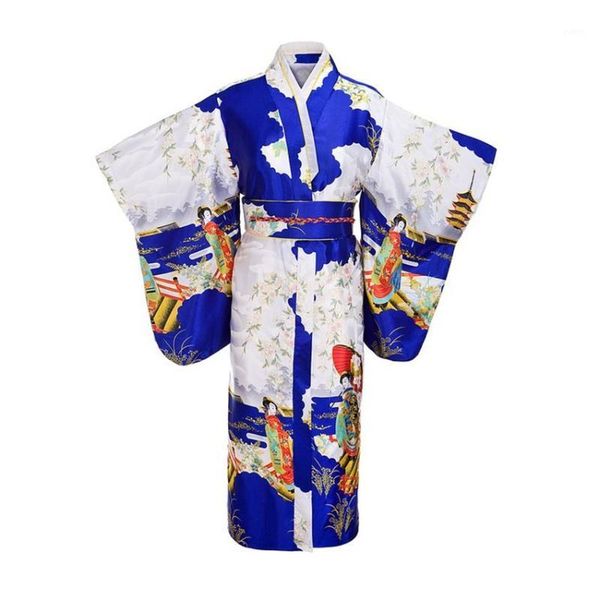 Blue Woman Lady Tradizione giapponese Yukata Kimono Accappatoio Abito con fiore Obi Abito da sera vintage Costume cosplay1