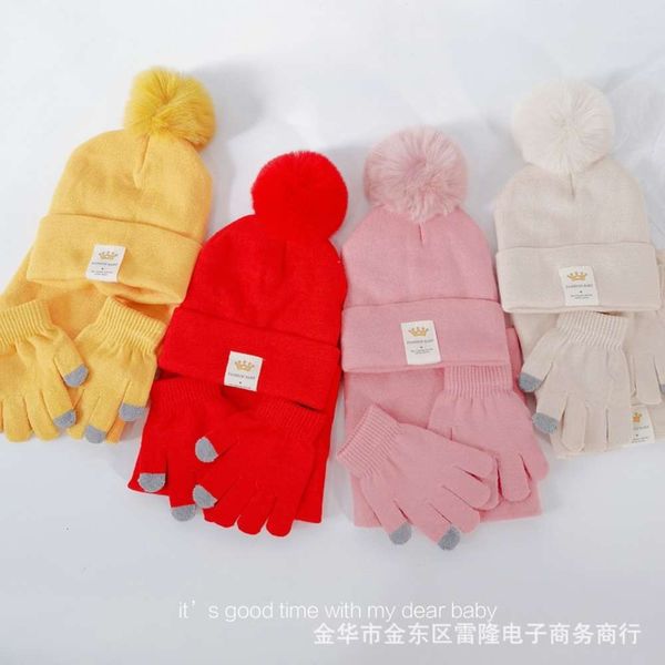 

hat, double glove, scarf, three children's piece knitting, Red;brown