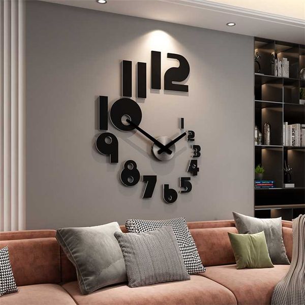 Meisd adesivo grande design relógio de parede adesivos vintage decorativo mural relógios modernos horloge preto redondo 220115