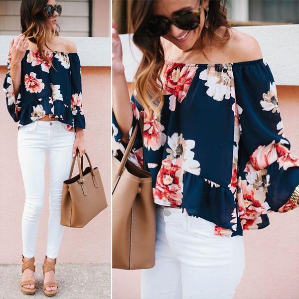 

new fashion summer autumn off shoulder women chiffon blouse casual printed floral shirts women blouse s xl blue, White