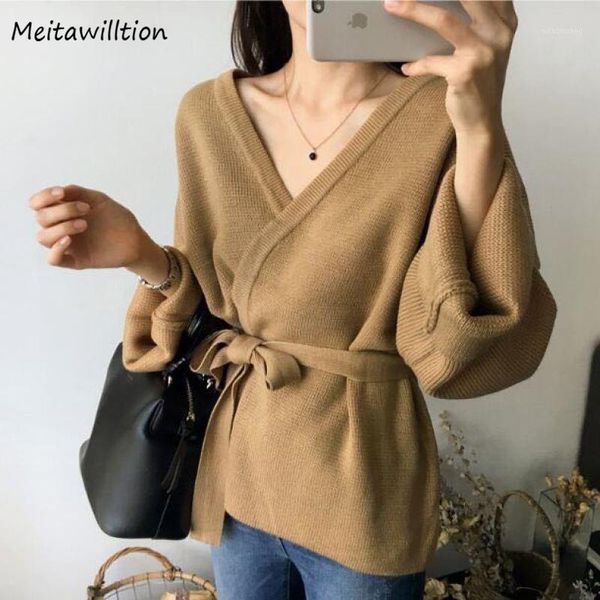 

autumn women knitted sweater with belt 2020 vintage long sleeve v-neck loose cardigan korean office outerwear 1, White