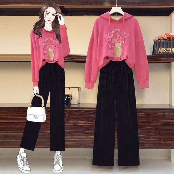 

large women's clothing autumn and winter 2020 new fat sister younger age show thin foreign style sweater wide leg pants two piece suit, Black