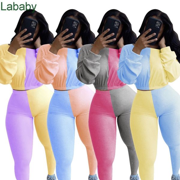 

women two pieces outfits contrast stitching high waist lantern sleeve trousers laides new fashion autumn sportswear tracksuits 2021, White