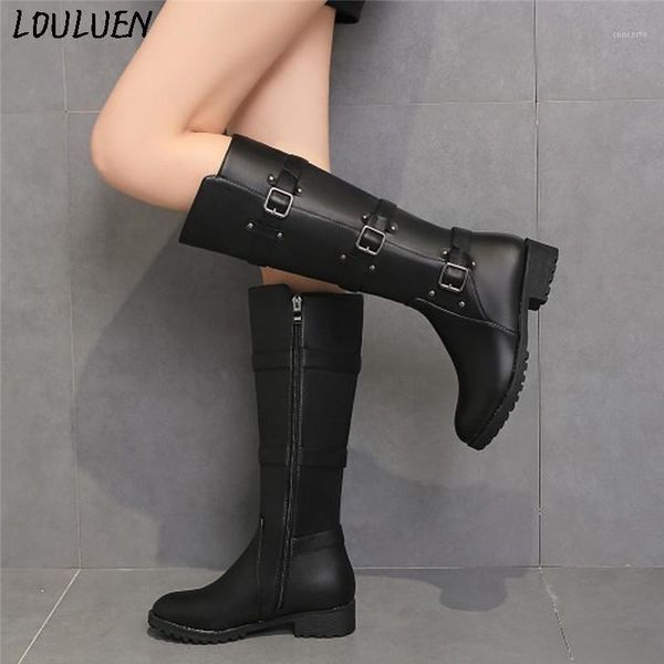 

louluen 2020 boots knee high boots women fashion buckle high heel winter warm snow shoe roman laarzen bottes mujer1, Black