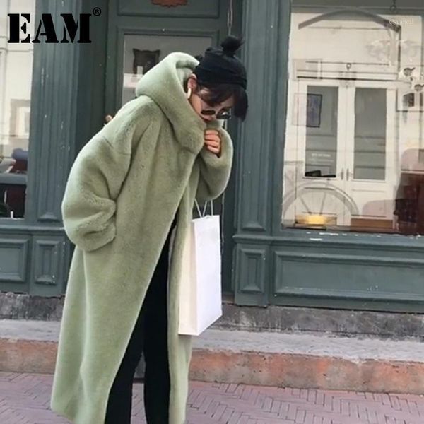 

eam] loose fit blue big size warm long fake fur jacket new hooded long sleeve women coat fashion tide autumn winter 2021 1dc9571, Black;brown