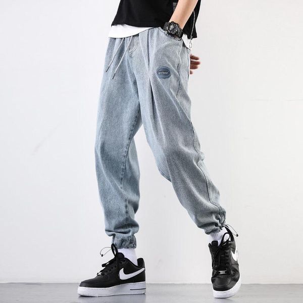 

men's jeans autumn ankle-tied fashion baggy high street elastic waist capri trendy retro distressed hip hop pants, Blue
