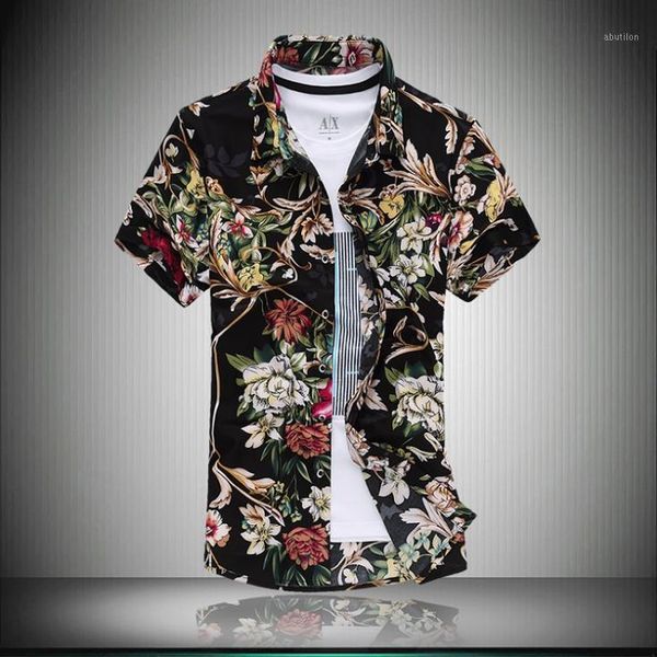 

men's casual shirts plus size l-6xl 7xl short-sleeve man shirt 2014 summer male loose floral print men's clothing xxxxxxxl1, White;black