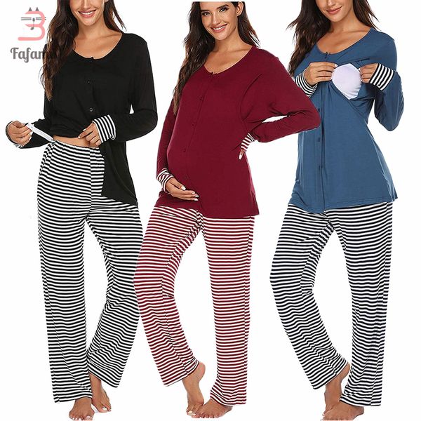 

maternity clothes nursing pajama set long sleeve t-shirt striped pants breastfeeding sleepwear hospital pajamas comfy home lj201118, White