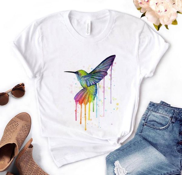 

women t shirt rainbow bird print tshirt women short sleeve o neck loose t-shirt ladies causal tee shirt clothes, White