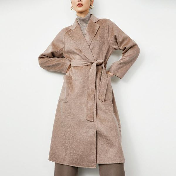 

new fashion slashes long wool blend camel coat ladies soft double-sided water ripple outwear woolen overcoat1, Black