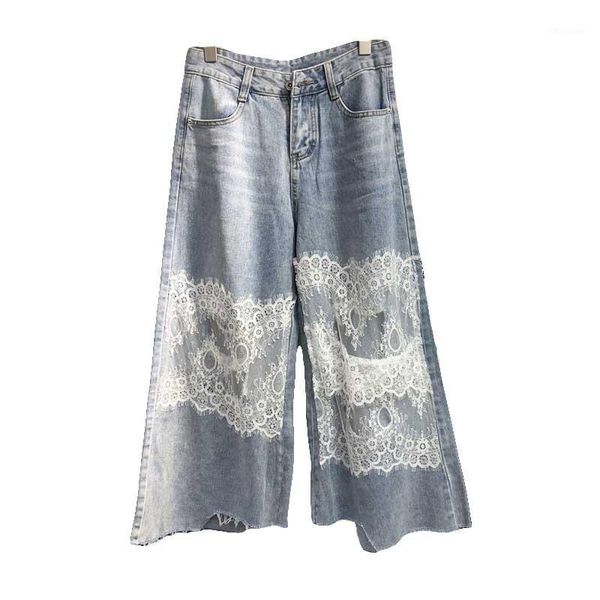 

high-waist lace stitching jeans female drape loose summer thin light blue straight ankle-length pants1