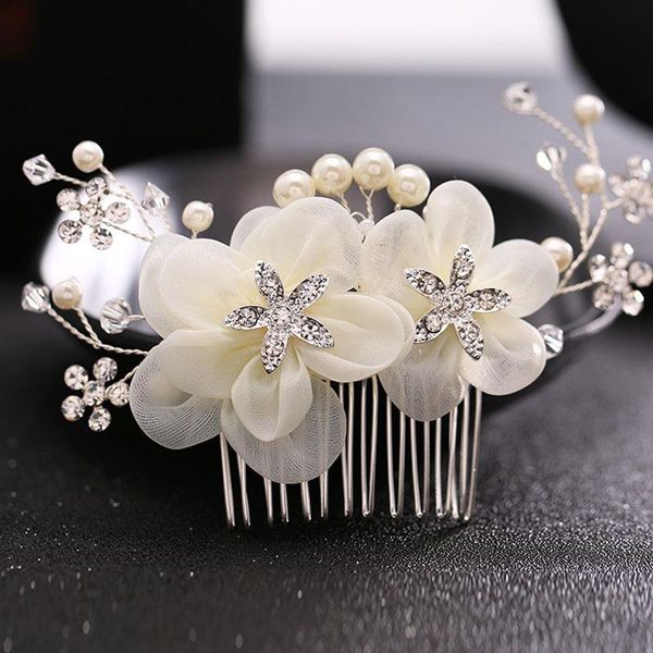 

forseven handmade lace flower leaf crystal pearls hair combs headpieces bride noiva wedding party hair jewelry veil hairbands, Golden;silver