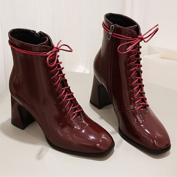 

2021 size winter luxury women .5cm tall heel pad lady toe foot lace to leather boots rk9r, Black