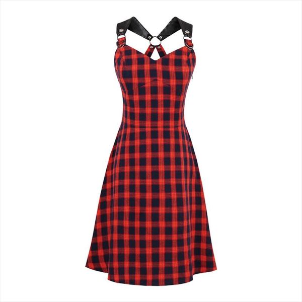 

dark red plaid dress women casual vintage plaid spaghetti strap slim retro punk goth dresses, Black;gray