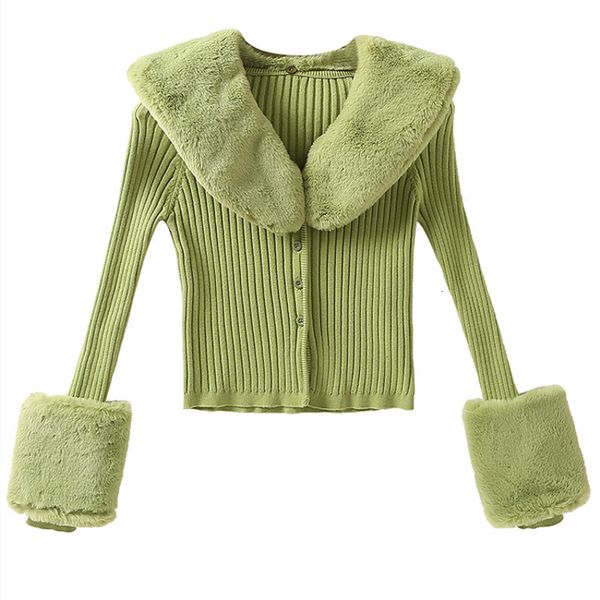 

2021 new vintage 3-color fur collar short tight women's winter clothes v woman's neck long sleeve crocheted cardigan cut q4i8, White;black