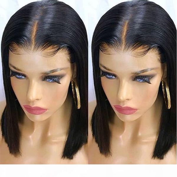 

middle part silk straigh short bob lace front wigs synthetic natural hair wig black brown blonde red blue color for women