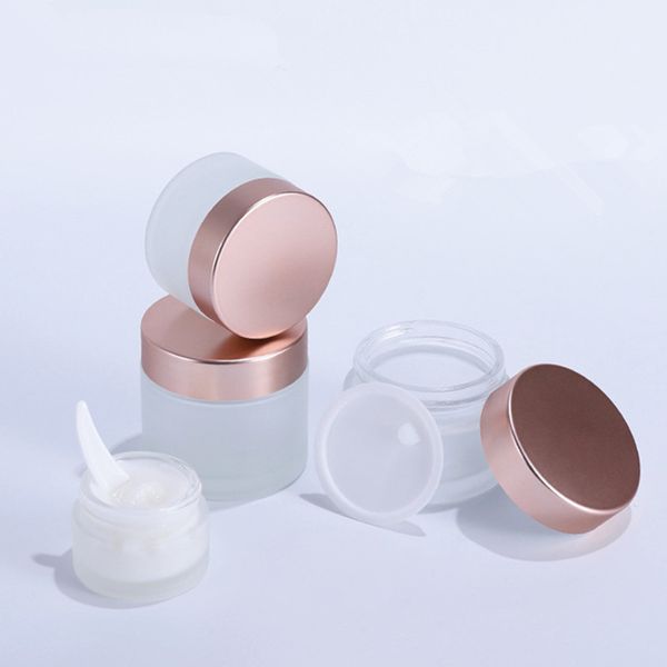 

hip empty 5g 10g 15g 20g 30g 50g 60g 100g frosted glass face cream jar with matte rose gold lid round wide mouth glass lotion container jar