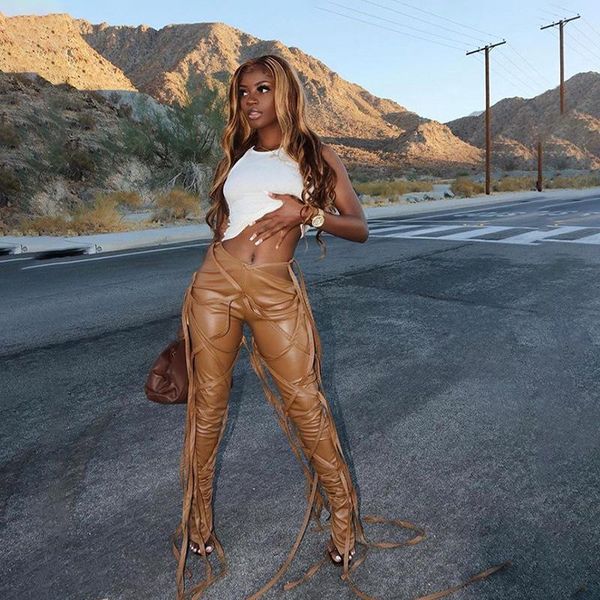 

women's pants & capris women ribbons faux leather skinny sling high waist pencil asymmetry solid chic tight trouser fall 2021 clothing, Black;white