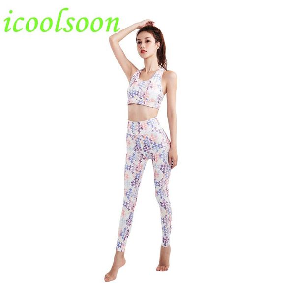 

yoga outfits icoolsoon vigorous digital printing clothes women summer sports suits tight slim running workout leggings 2 piece set, White;red