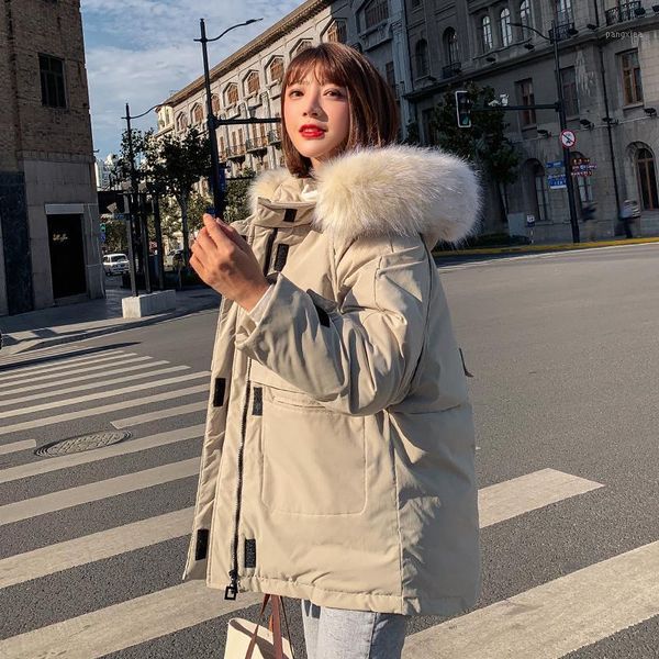 

two big pockets 2020 new women winter jacket black beige hooded with fur collar female parka short coat outwear1