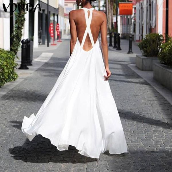 

summer dress 2020 vonda boheiman maxi long dress sleeveless backless party vestidos beach holiday casual sundress plus size1, Black;gray