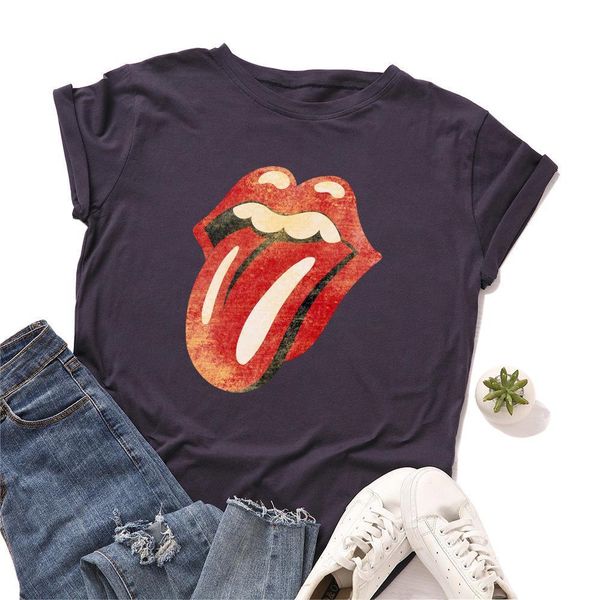 

plus size graphic tees women tongue print t shirt cotton tee shirt pullover o neck short sleeve shirts bottoming, White