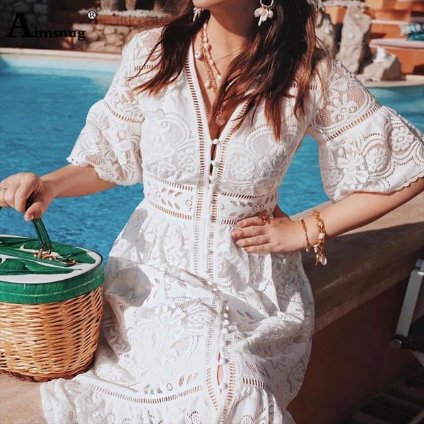 

boho solid light blue v neck half flare sleeve hook flower hollow single breasted lace 2019 new summer elegant women dress, Black;gray