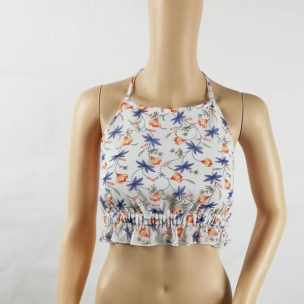 

crop women thin printed chiffon tank suspender belt leaf in summer1, White