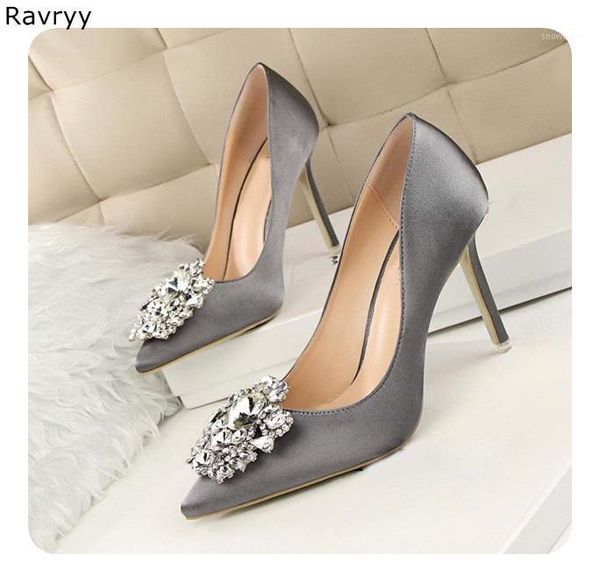 

grey woman high heels bling bling crystal pumps pointed toe female single shoe thin heel slip-on wedding party dress shoes1, Black