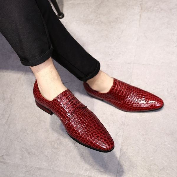 

large size 38-48 men crocodile pattern pointed toe lace up shoes genuine leather bright business dress shoes wedding shoes y200420, Black