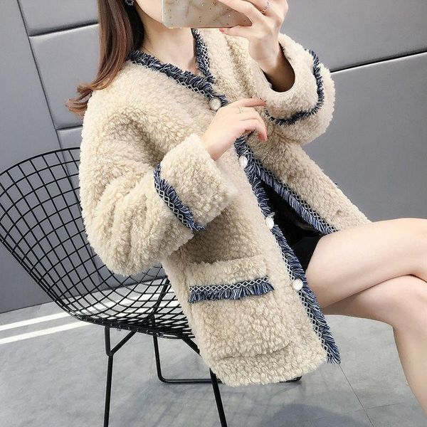 

women's fur & faux 2021 autumn/winter plush plus thick small fragrance one imitation lamb coat female girl, Black