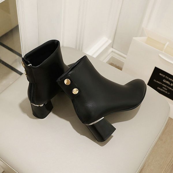 

2021 new autumn winter keep warm ankle pu round toe casual women shoes square high heel zipper short boots big size34-43 iieq, Black
