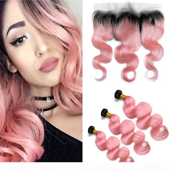 

#1b pink ombre human hair bundles with frontal body wavy ombre pink virgin brazilian human hair 3bundles with 13x4 lace frontal closure, Black