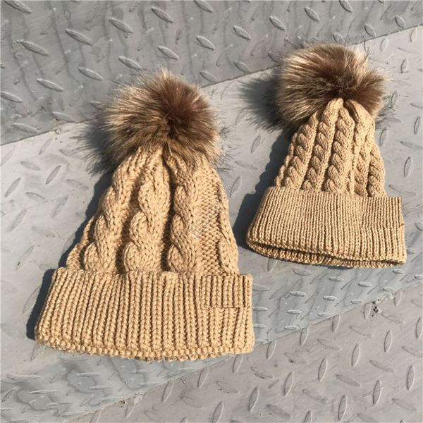 

winter family beanies parent-child hats baby kids mom knit hat outdoor ski crochet hat with pom pom knitted flanging skull caps d121003, Yellow