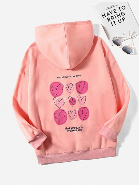 

plus slogan & heart print kangaroo pocket drawstring hoodie 59tz#, Black