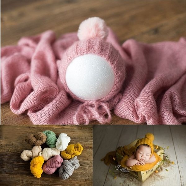 

2 pcs/set newborn pgraphy props blanket wrap wool knitted blanket baby hat neborn p prop shoot studio accessories y201009