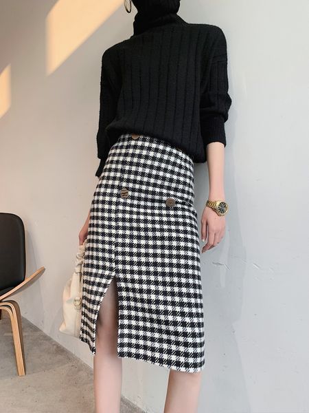 

2021 new the new houndstooth woolen korean style temperament all-match thinner, one-step split a-line skirt 274t, Black