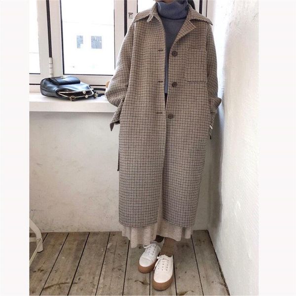 

chic woolen 2020 houndstooth women belt office quality warm kitty female fashion plus lady alien winter high cotton sweet coat napcx, Black