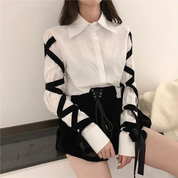 

long sleeve shirt women stitching black bandage turn down collar blouse fashion casual office lady female blous white