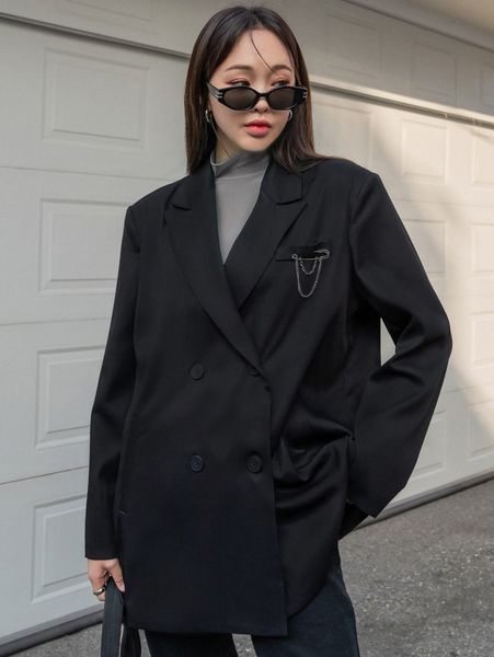 

dazy chain brooch detail double breasted blazer a3gt#, White;black